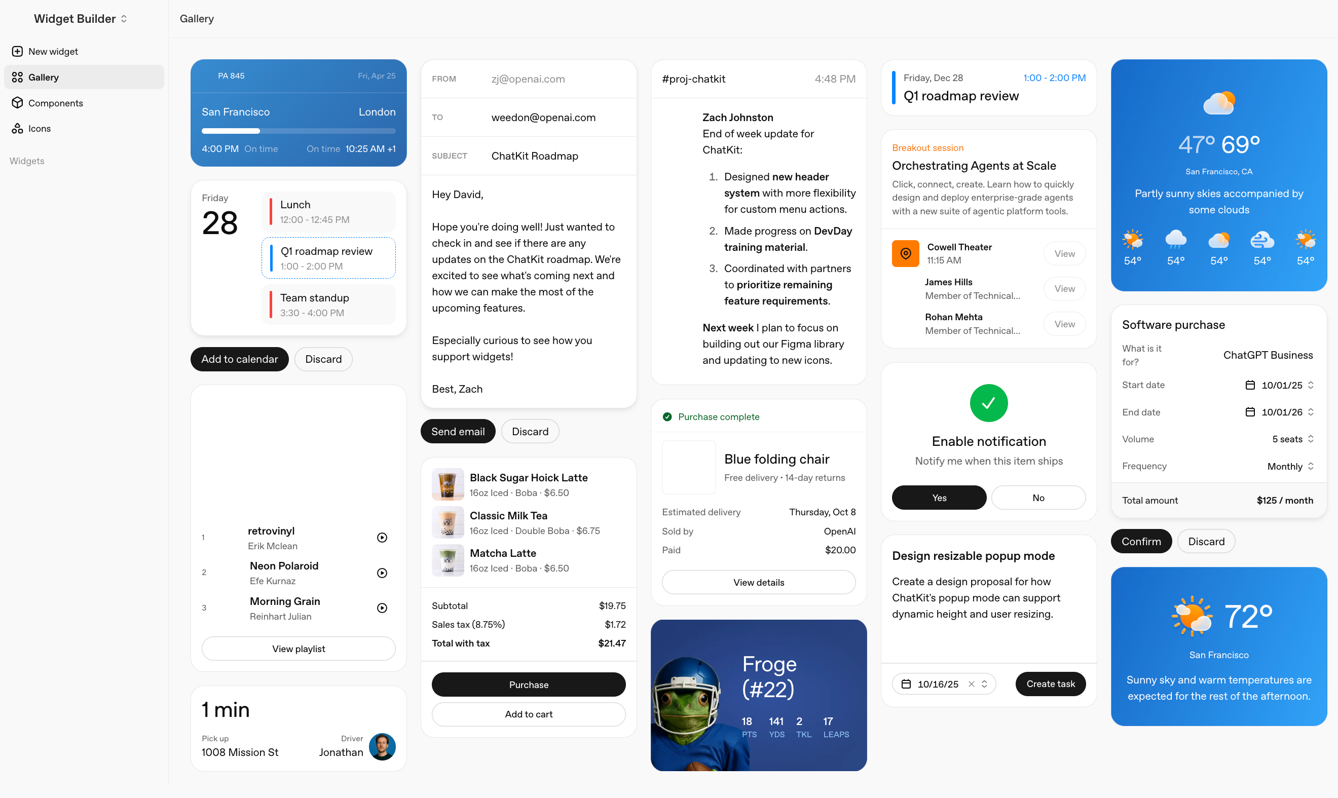 ChatKit Widget Gallery showing various widget types including calendars, weather, playlists, and forms