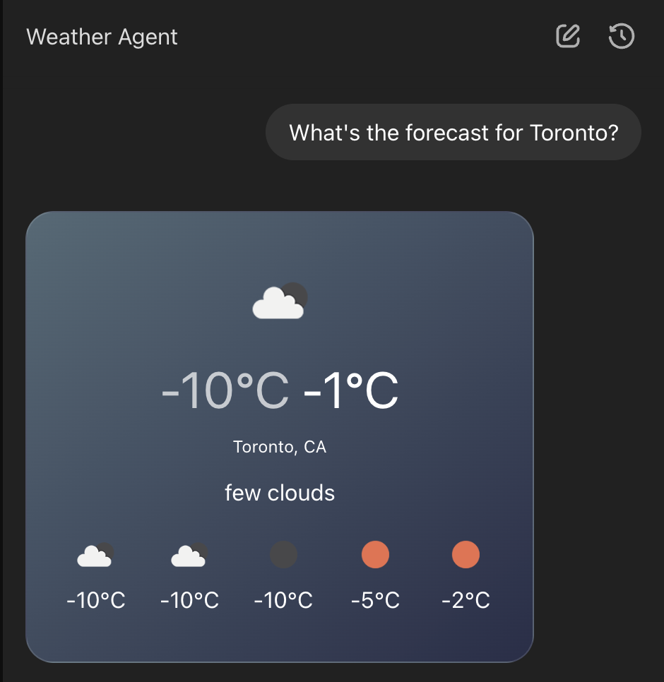 ChatKit widget showing weather forecast for Toronto in the web UI