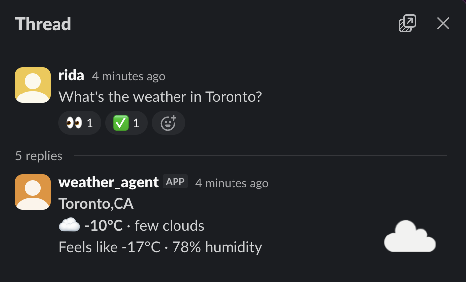 Block Kit response showing current weather in Toronto with inline formatting