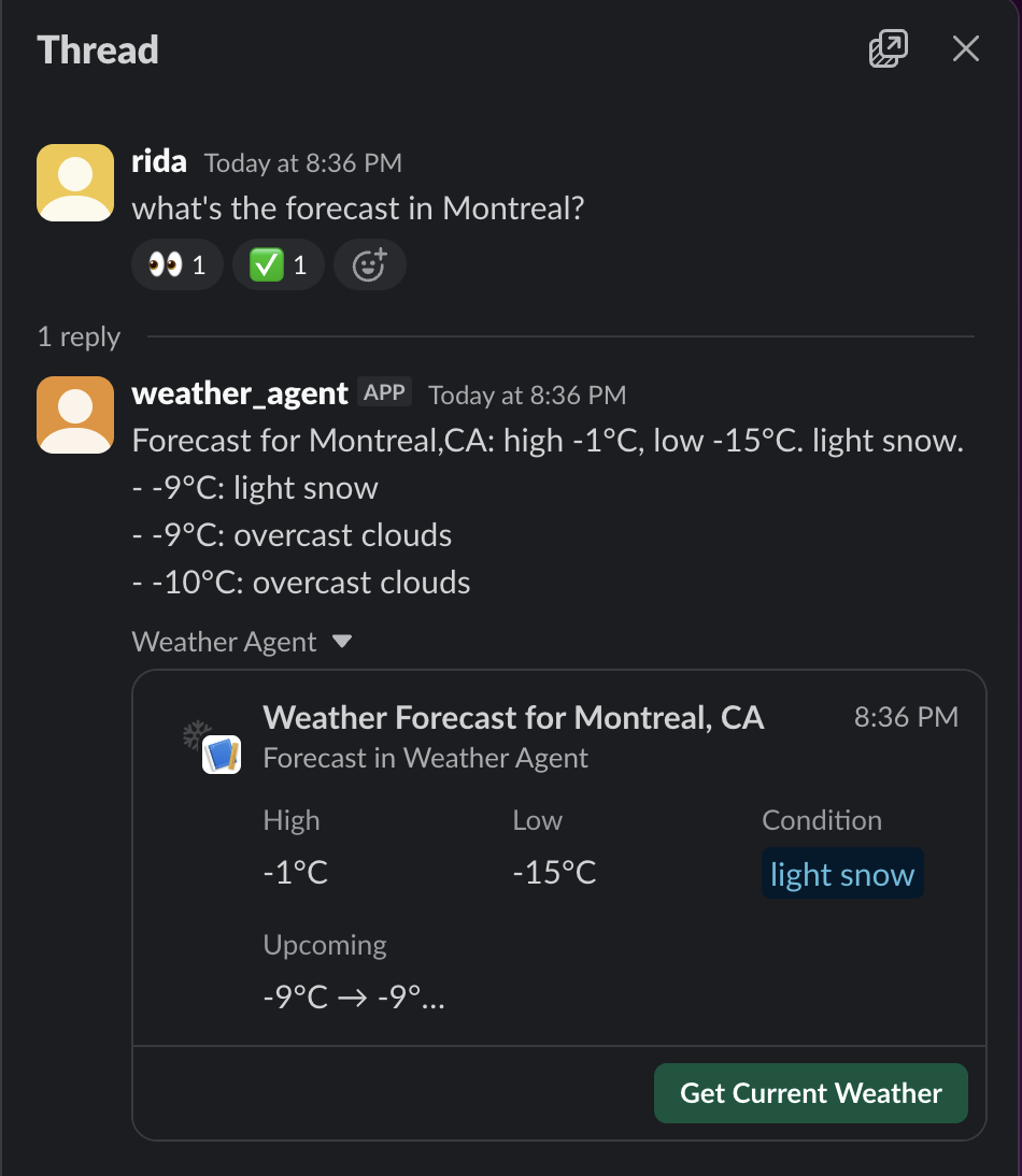 Work Object response showing weather forecast for Montreal with expandable card