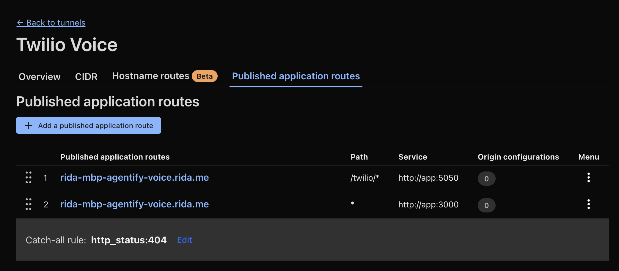 Cloudflared routing table showing two routes: /twilio/* going to app:5050 and * going to app:3000